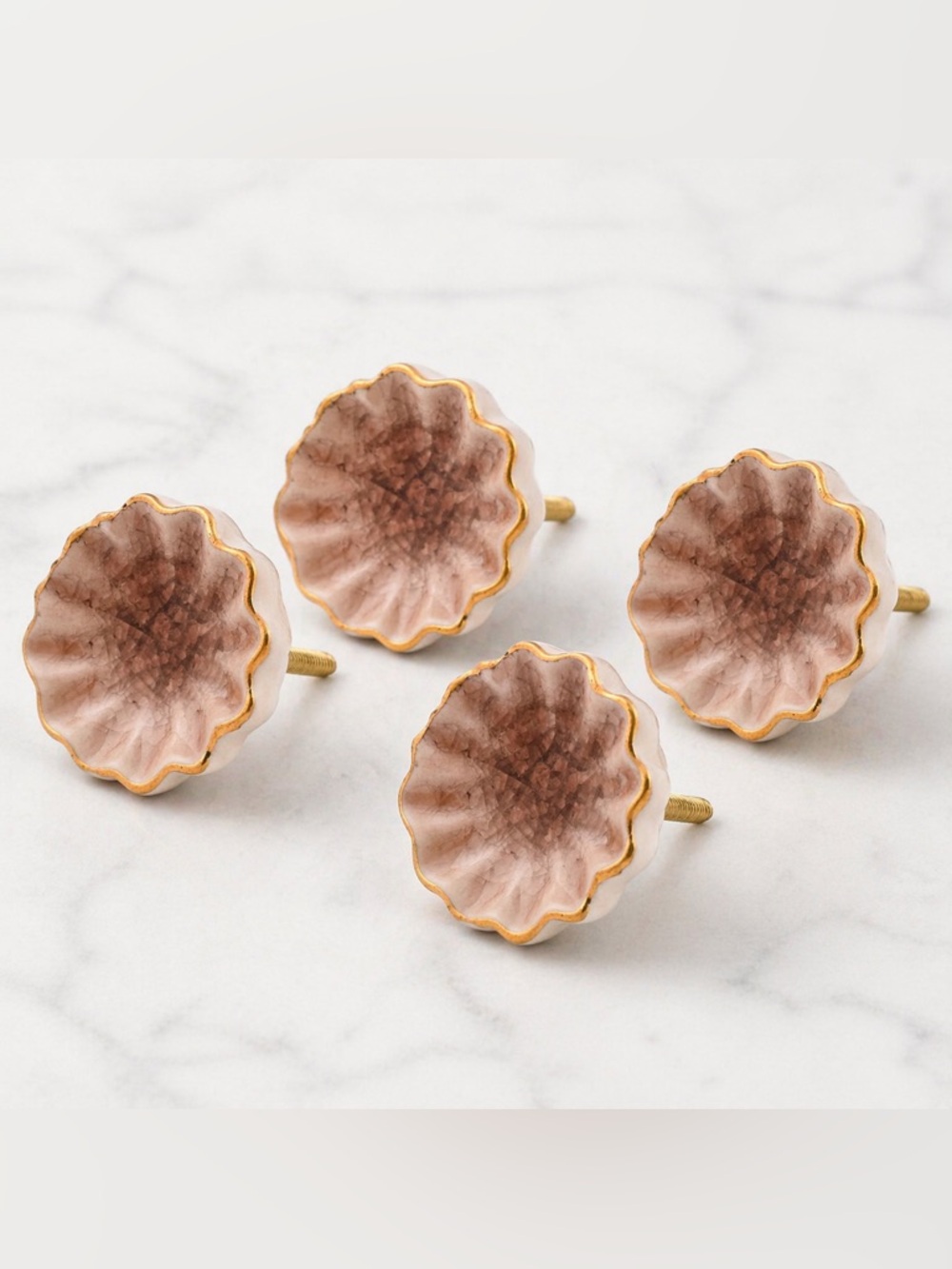 Set of 4 Boho Drawer Pulls - Scalloped Ceramic Knob in Smoky Rose w/ Gold Trim